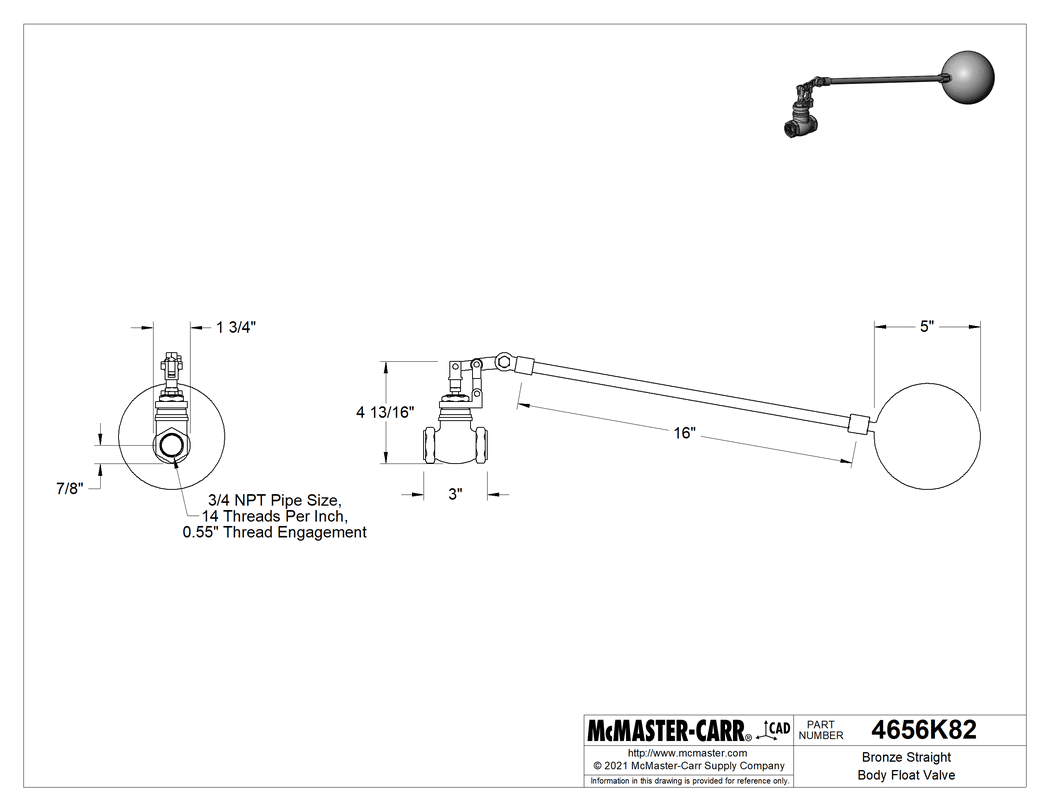 Technical Drawing of Bronze Straight Body Float Valve, with PTFE Plastic Seal, 3/4 NPT Female Inlet x Outlet.